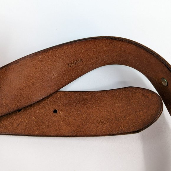 Fossil Belt L 40in Brown Gold Tooled Genuine Leather Metal Buckle Accent Adjusts - Picture 8 of 10